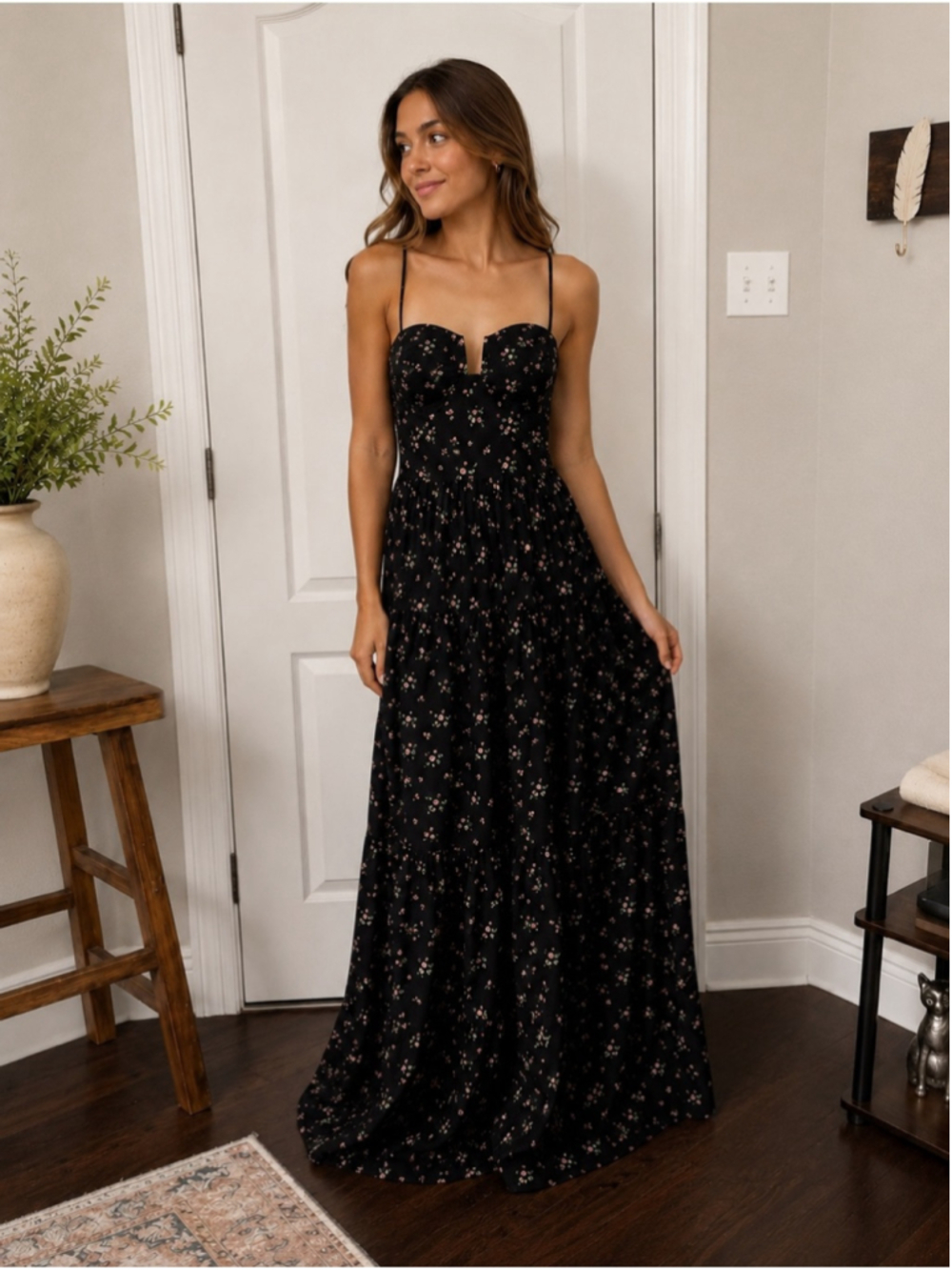 Lulus Bustier Black Floral Maxi Dress with Adjustable Straps